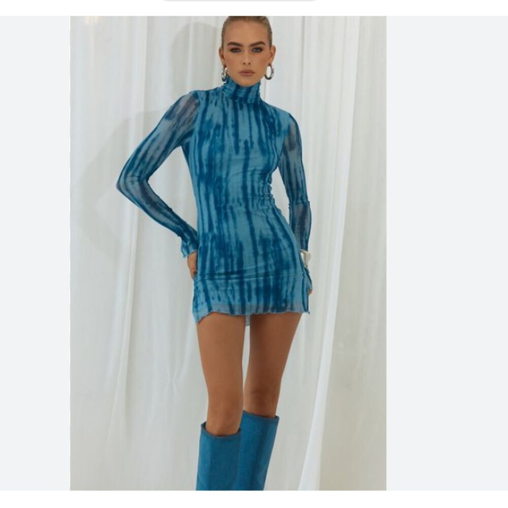 Blue Mesh Tie-Dye Bodycon Mini Dress